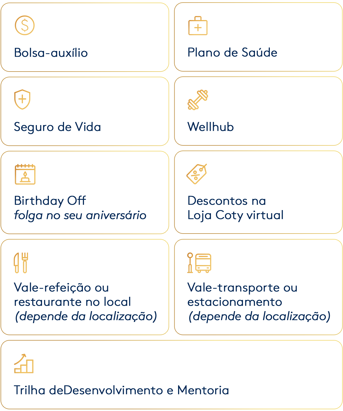 Trilha de Desenvolvimento e Mentoria, Bolsa-auxílio, Seguro Saúde, Vale-refeição ou restaurante no local (depende da localização), Vale-transporte ou estacionamento (depende da localização), Wellhub, Seguro de Vida, Birthday Off e Descontos na Loja Coty virtual.